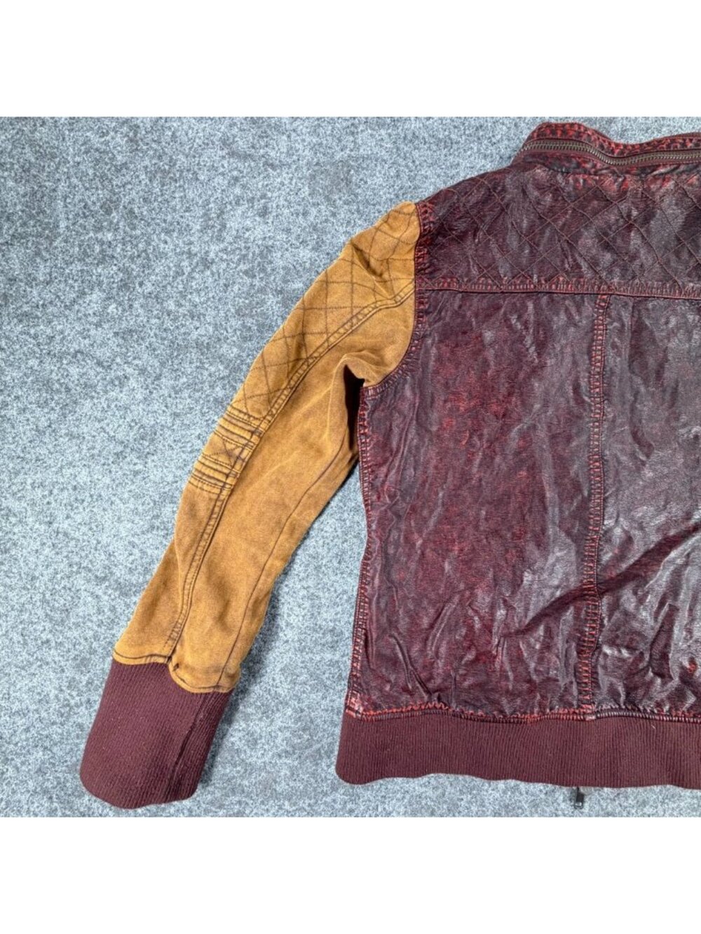 BKE Pieced Full-Zip Jacket Womens XL Burgundy Mustard Faux Leather Ribbed Trim - Picture 4 of 16